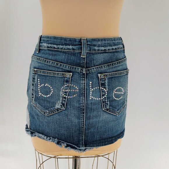 VTG Bebe Denim Skirt Women's Mini Size 28 Distressed Light Jean BEBE LOGO Y2K - Picture 1 of 13